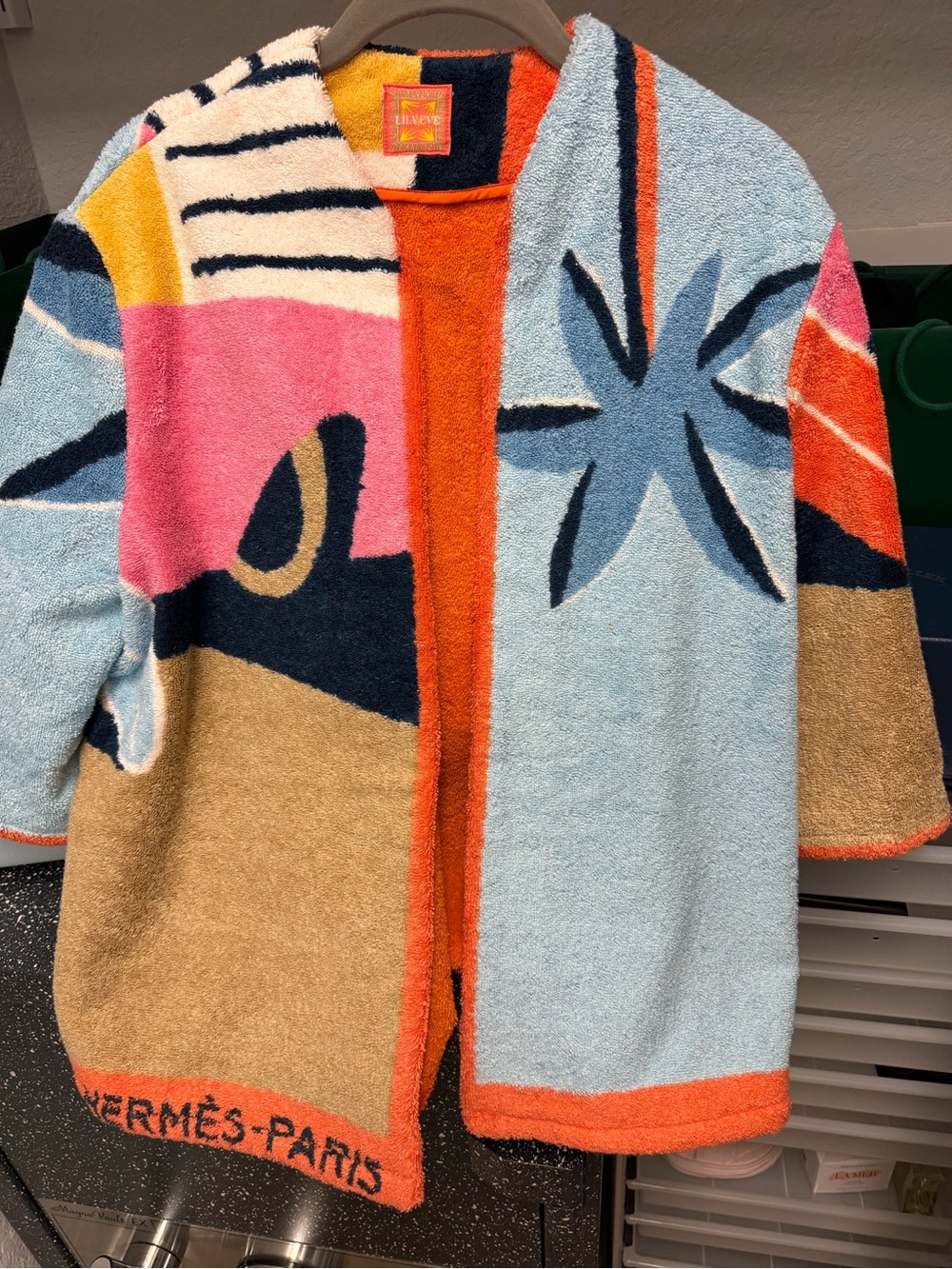 New Lily Eve Hermès recycled Terry Towel Jacket Pink, Blue, Tan & Orange
